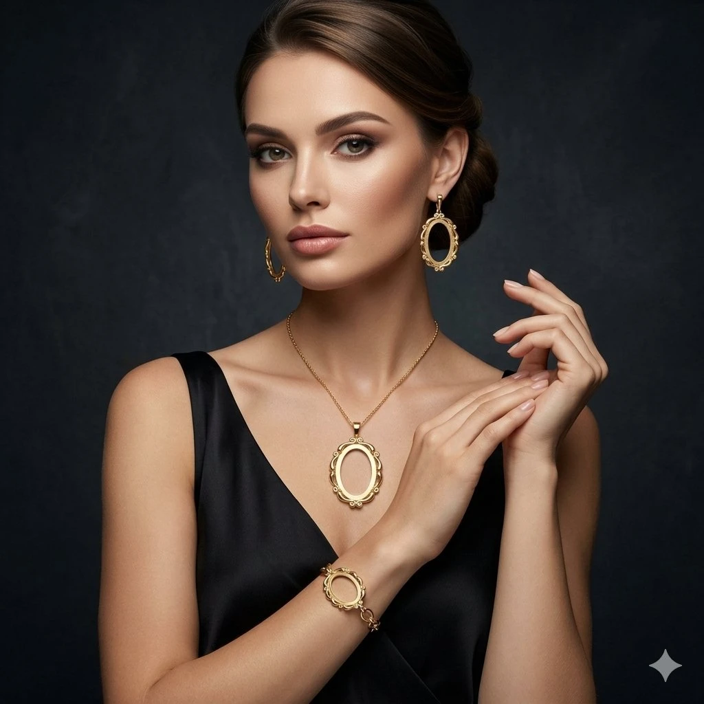 A model wearing the ornate gold oval pendant, earring, and bracelet suite
